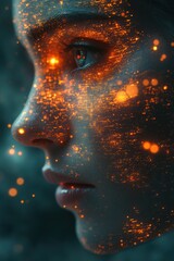 Digital glow on woman face with futuristic orange light patterns