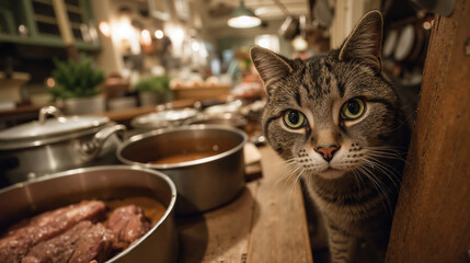 Curious tabby cat exploring a cozy rustic kitchen with pots and delicious meals