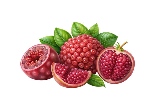 Fresh yumberry and slices with vibrant green leaves isolated on a dark backdrop