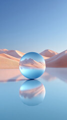 Surreal desert reflection: floating glass sphere mirrors dunes and sky in serene landscape