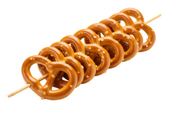 Crispy salted pretzels on a wooden skewer, delicious snack