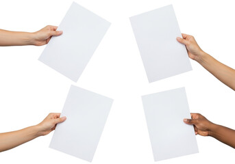 Four clean, well-groomed hands with light, olive, and dark skin tones dynamically hold blank white papers on a stark white studio background, high contrast, no shadows, creative opportunity