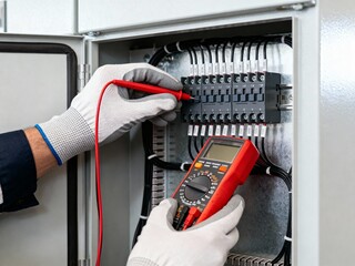 Close-up of an electrician performing diagnostic checks on control panel wiring using a digital multimeter.