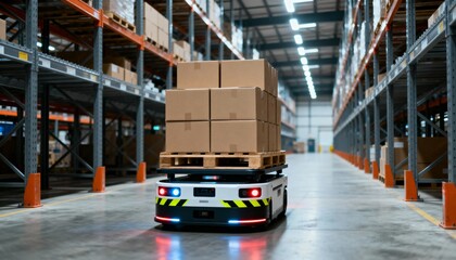 Autonomous robot moving stacked cardboard boxes on a pallet through a modern, brightly lit warehouse aisle.