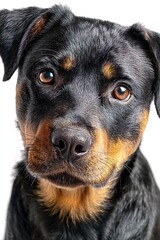 Close-up portrait of a Rottweiler dog with gentle expression, looking directly at camera, isolated on white background