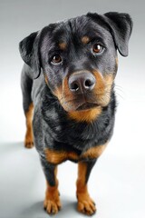 Curious Rottweiler dog standing and tilting head while looking at camera, full body portrait on light background
