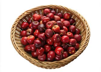 Top view of fresh capulin cherries overflowing a woven basket full of sweet red fruit