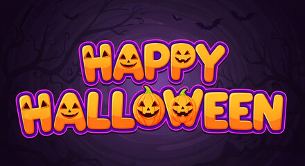 Orange happy halloween text with jack o lantern pumpkins against spooky purple background