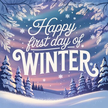 Beautiful winter wonderland scene celebrating the happy first day of winter with snowfall