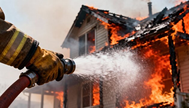 A firefighter sprays water from a hose onto a residential house engulfed in massive, dangerous flames during an intense structural fire.