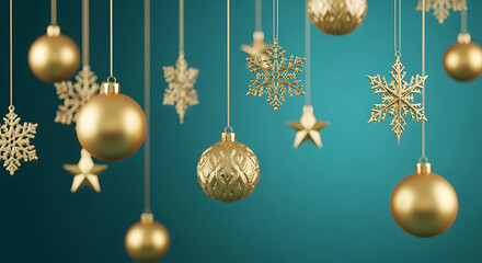 Fototapeta premium Gold Christmas Ornaments and Snowflakes Hanging image