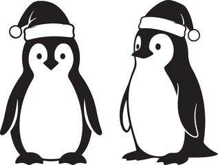 Two adorable penguin characters wearing santa hats silhouette