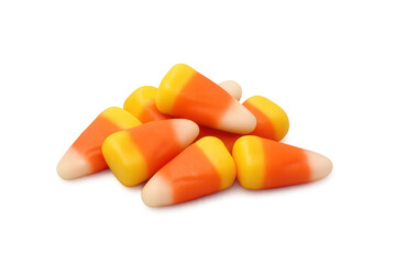 Candy corn pile for halloween celebration, sweet seasonal treat for autumn holiday and traditions on transparent background