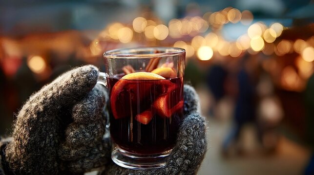 Hands in gloves holding mulled wine at christmas market