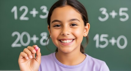 Happy hispanic schoolgirl smiling at camera while holding chalk in classroom cheerful latin girl in elementary school standing in front of blackboard with math