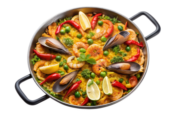 Delicious overhead view of a traditional spanish seafood paella cooked in a large pan with shrimp mussels and lemon wedges