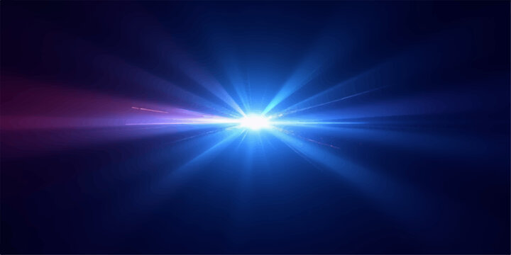 Bright blue lens flare effect with purple hues on a dark background abstract light burst