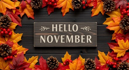 Hello november wooden sign with autumn leaves and pine cones border