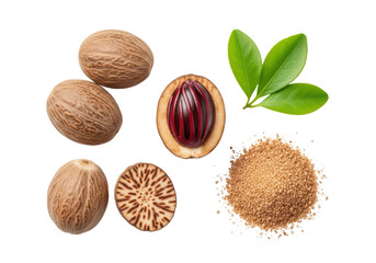 Ultra-realistic overhead shot of whole, halved, and grated nutmeg with vibrant green leaves, meticulously arranged on a transparent background, concept of aromatic spice essence