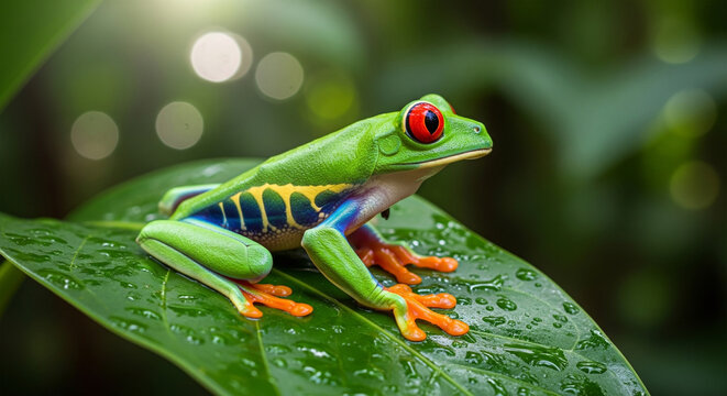 A vibrant red-eyed tree frog is perched on a large, wet, green leaf. The frog is positioned towards the center of the frame - Powered by Adobe