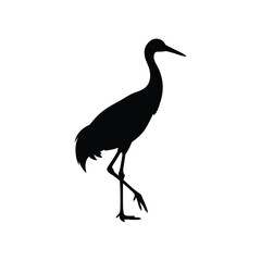 Crane standing on one leg with long neck and beak silhouette on white