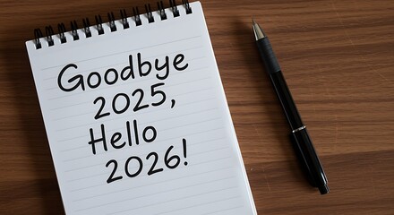 Notebook with goodbye 2025, hello 2026 and pen
