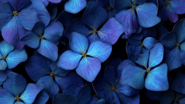 A deep-blue floral composition, showcasing intricate detail and textures with a dark background