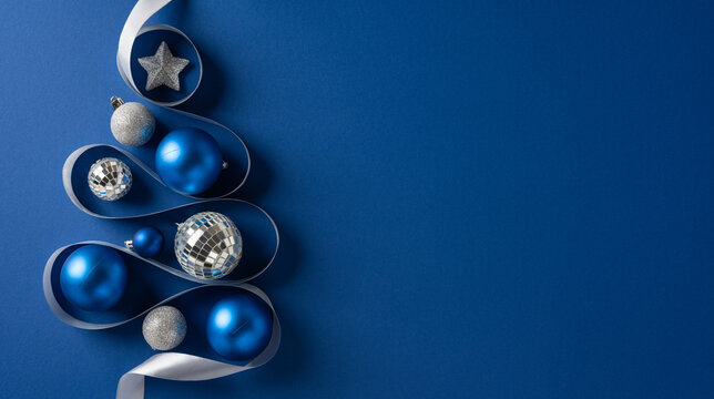 Mood of festive blue and silver decor featuring Christmas tree shape, ribbon and glitter on a deep blue backdrop, capturing Christmas vibe and New Year celebration and warm greeting for the season