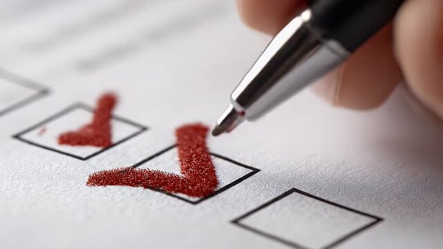 A close-up shot of a hand using a pen to mark red checkmarks on a white sheet