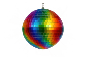 Disco ball with vibrant rainbow tiles, reflecting light, celebrating parties, music, and pride on a transparent background