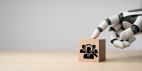 AI Recruitment: An AI hand interacts with a wooden block featuring a human icon, illustrating the synergy between artificial intelligence and recruitment processes.