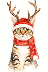 A playful cat sits proudly, adorned with festive reindeer antlers and a bright red Santa hat. A red scarf completes the charming holiday outfit, showcasing a cheerful spirit.