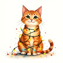 An orange cat with a cheerful expression wears  is playfully tangled in bright holiday lights. This scene captures festive spirit and joy.