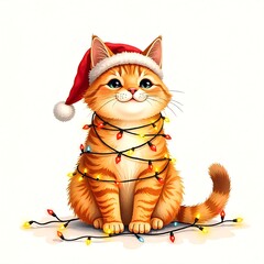 Orange cat wearing a Santa hat and tangled in colorful holiday lights during the festive season
