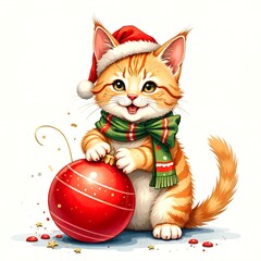 Cute kitten playing woth a Christmas toy in red santa hat ,happy and joyful 