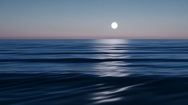 A tranquil seascape featuring a radiant full moon illuminating gentle ocean waves under a pastel sky. Serene, calming, and majestic nature. A timeless moment of beauty.