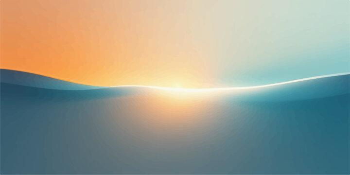Abstract horizon with golden sunrise over calm blue water surface and gradient sky