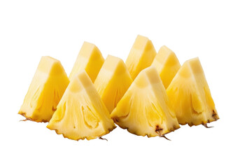 Bright yellow, juicy, ripe pineapple wedges with visible fibrous texture on a transparent isolated background, expertly lit with no shadows, concept of natural freshness and perfection.