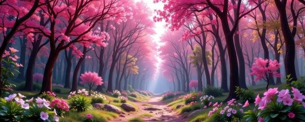 Fototapeta premium Enchanted Forest Path with Pink and Purple Foliage