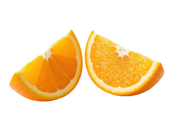 Two vibrant orange fruit slices on a reflective white surface, bright pulp, glistening peel, against a transparent background with copy space, concept of healthy eating and freshness