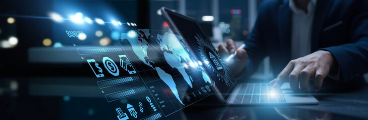 Bankers connected to digital banking access secure transactions. Financial technology, mobile payment, account management, fraud detection, and customer trust enhancement.