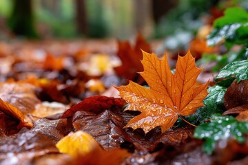 Wet Orange Maple Leaf on Forest Floor in Autumn