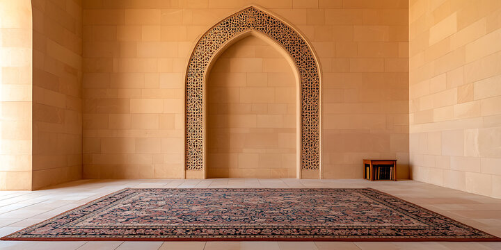 A serene space with an ornate archway and a plush rug, evoking a sense of tranquility and cultural richness. The warm tones and intricate details create a captivating scene.