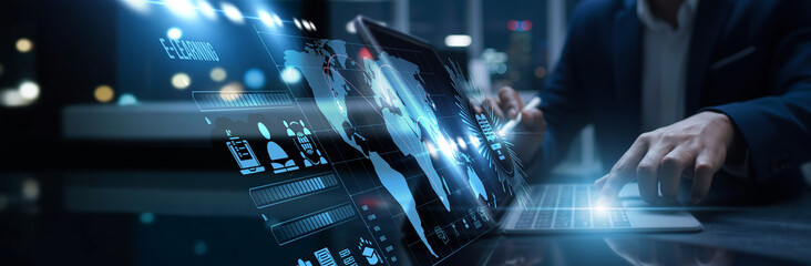 Instructors connected to the digital e-learning access interactive platform. Virtual classroom, online training, skill development, and knowledge-sharing transformation.