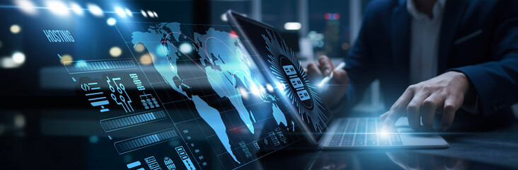 Technicians connected to the digital hosting access cloud infrastructure. Server deployment, data...