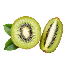 Two fresh kiwi halves, vibrant green flesh, black seeds, fuzzy skin, with blurred green leaves on a transparent background, ultra photorealistic still life. Concept for healthy food