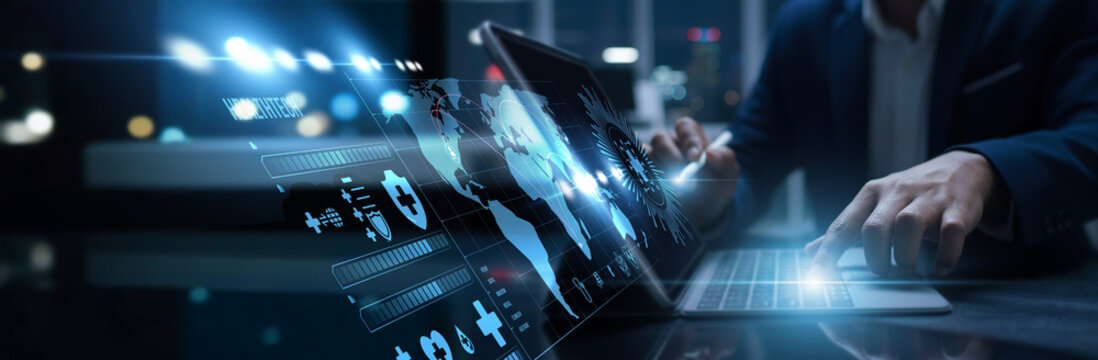 Doctors connected to digital healthtech access medical innovation. Remote diagnosis, wearable monitoring, patient care, and healthcare data transformation. - Powered by Adobe