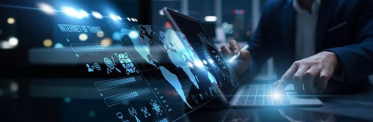 Technologists connected to the digital Internet of Things access smart networks. Sensor...