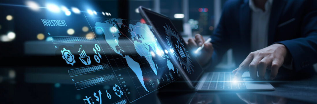 Investor connected to digital investment access financial growth. Market analysis, portfolio management, trading insight, and strategic wealth optimization. - Powered by Adobe