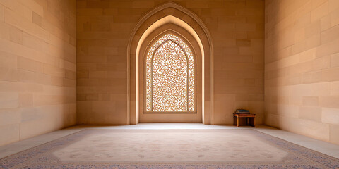 A tranquil interior featuring a grand arch window with intricate geometric patterns, casting soft light across a plush carpet in a spacious, serene room. #architecture